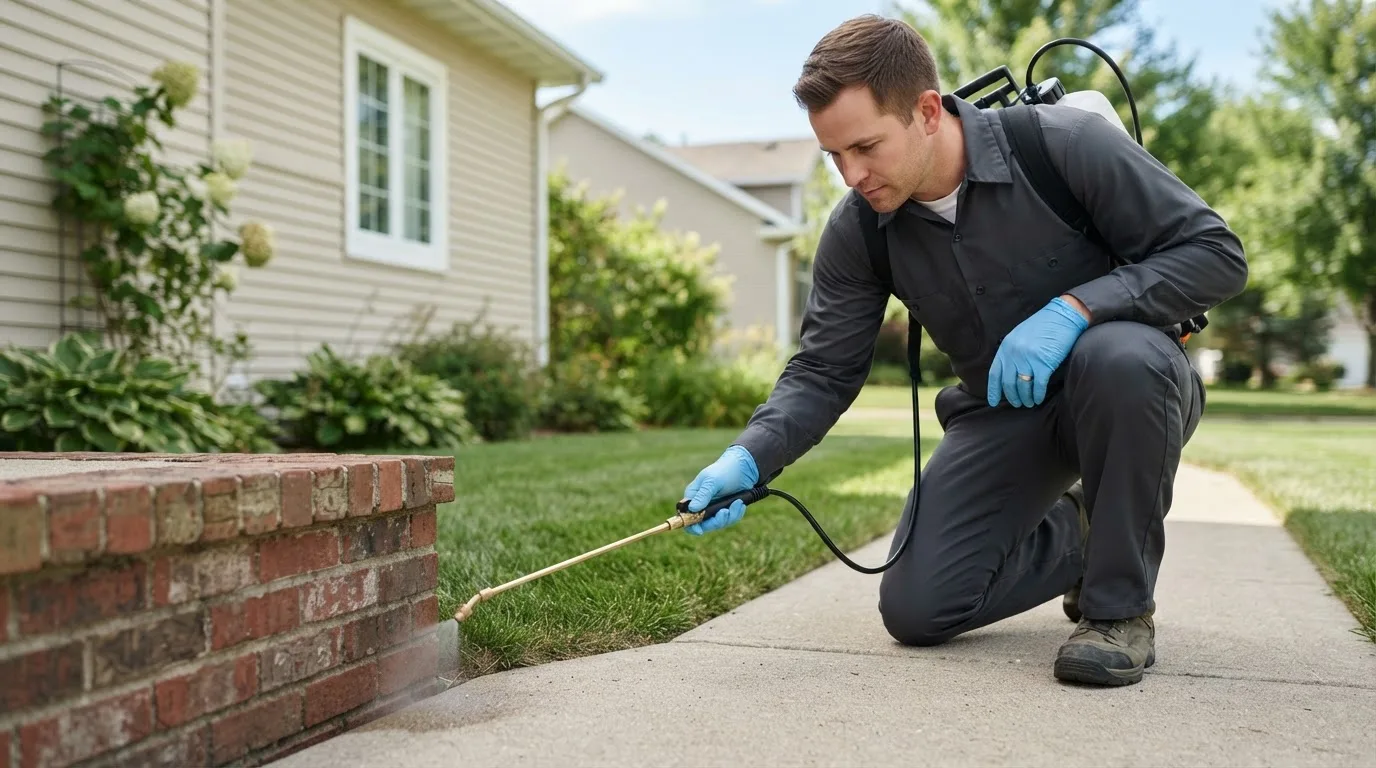 Pest control technician treating a home near Granger, IN